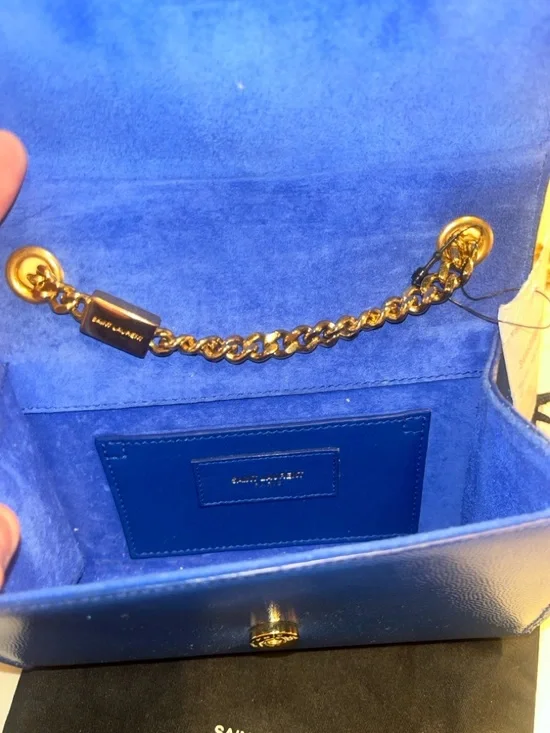 Saint Laurent YSL Bleu Majorelle Blue Patent Leather Monogram Chain Bag Clutch - Picture 6 of 9